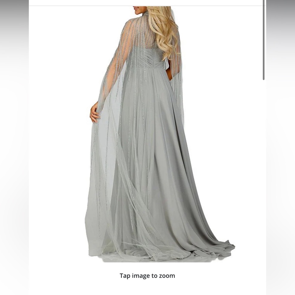 Chiffon Mock Neck Long Draped Embellished Sleeve A-Line Gown. Pregnancy friendly